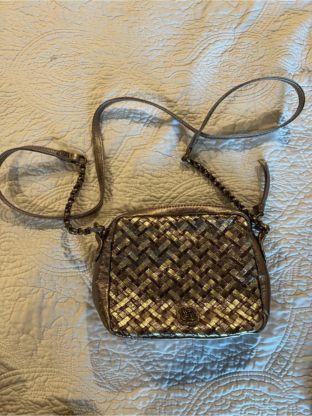 Elliott Lucca Metallic Gold Woven Crossbody Bag